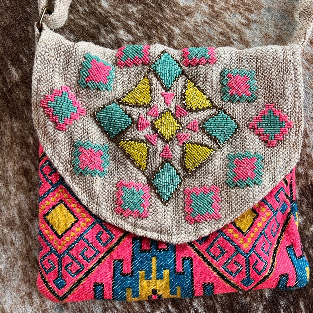 Boho Embroidered Crossbody Bag - Pink, Turquoise & Yellow